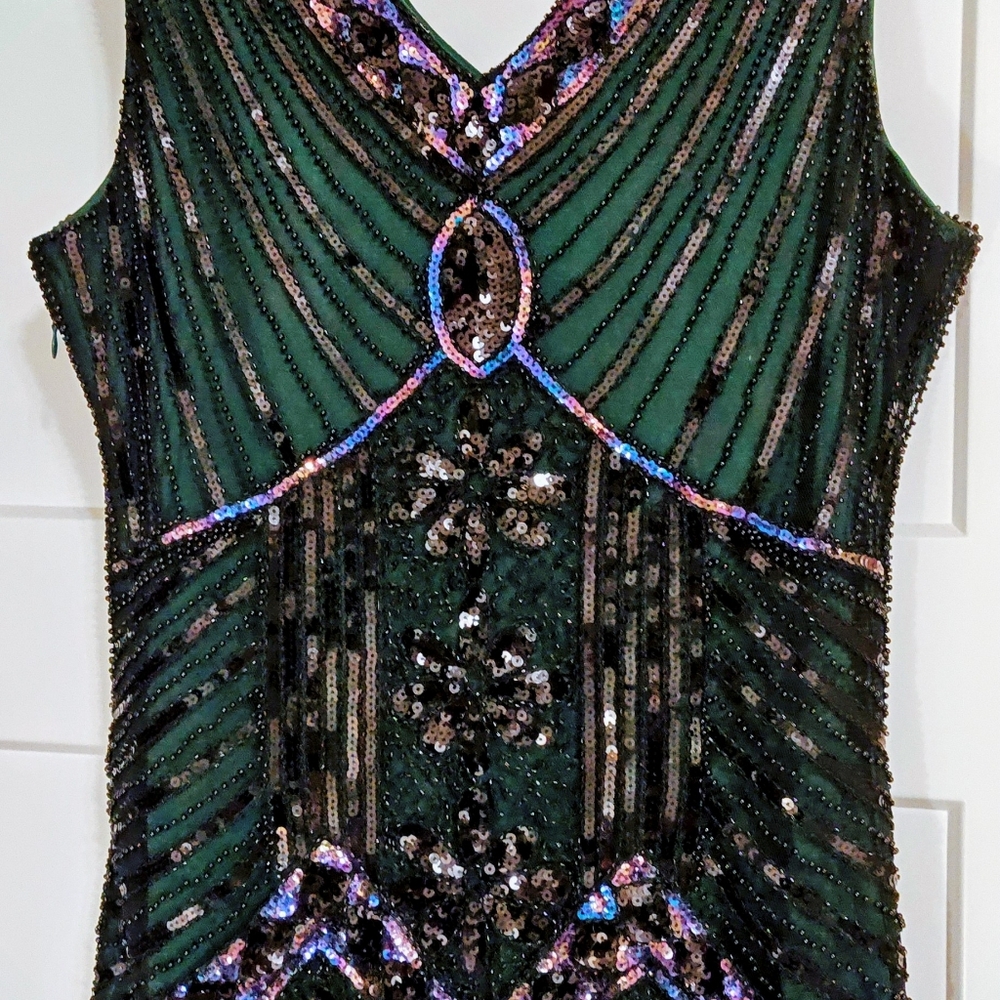 Green Sequin Midi Dress Flapper 20s Nostalgic Costume Fringe Sleeveless 14/ XL